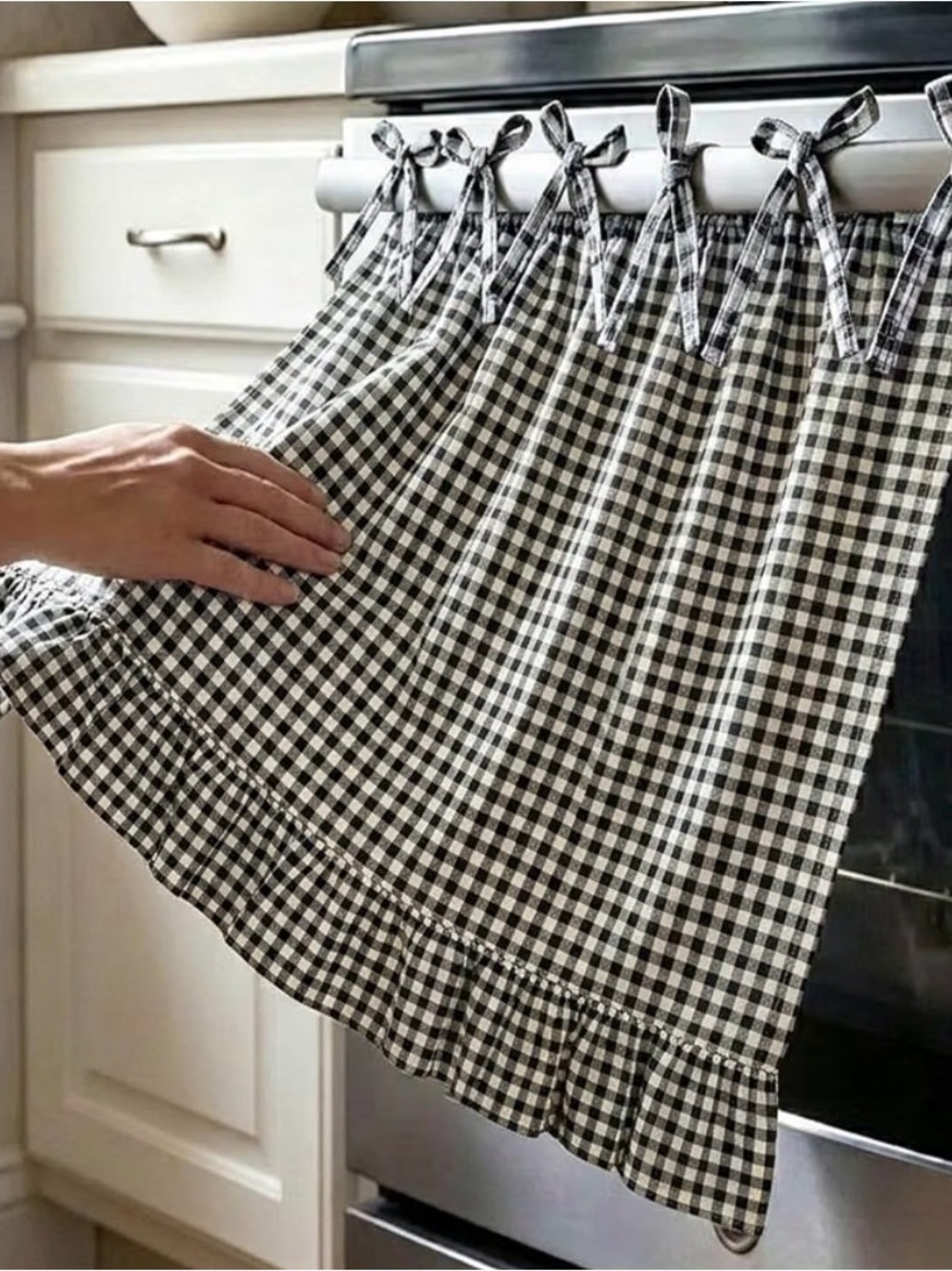 Black & White Gingham Tie Handmade Oven Curtain